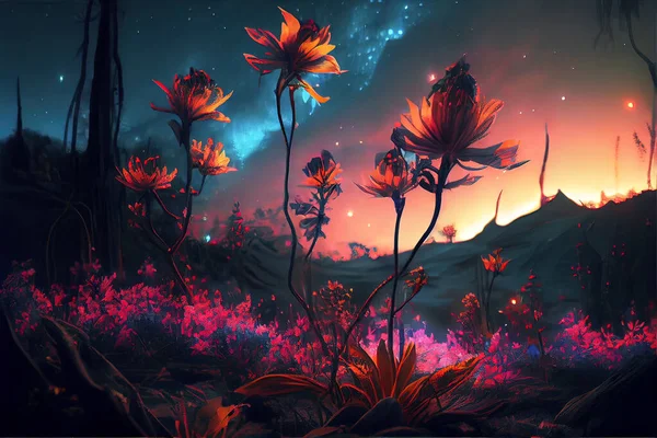 Fantasy forest at night, glowing flowers and lights, generative AI. Magic purple landscape with fairytale plants, mountains and mystery sky. Concept of wonderland, fairy nature and 3d art.