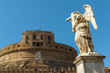Castel Sant`Angelo or Castle of Holy Angel, Rome, Italy. It is famous landmark of Roma. View of old Castel Sant`Angelo, sky and Renaissance statue. Concept of tourism, travel, Italian art and culture