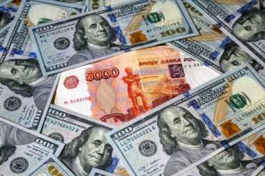 Russian ruble money vs US dollar, ruble banknote between dollar bills. Concept of sanctions, strong currency, confrontation, economy of Russia and USA, exchange rate, inflation, crisis, geopolitics.