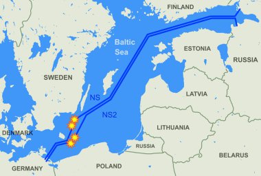Nord Stream leak on map, sites of explosions of natural gas pipelines, illustration. Baltic Sea in North Europe plan. Theme of energy crisis, terrorist attack, Gazprom, war, damage and power. 