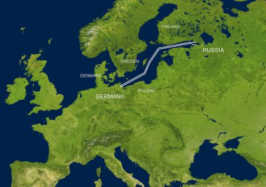 Nord Stream 1 and 2 on map, natural gas pipelines from Russia to Germany in Baltic Sea, graphic with satellite picture. Theme of energy crisis, Gazprom, Europe. Elements of image furnished by NASA