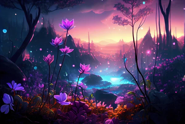 Fantasy forest at night, glowing flowers and lights, generative AI. Magic purple landscape with fairytale plants, mountains and mystery sky. Concept of wonderland, fairy nature and 3d art.