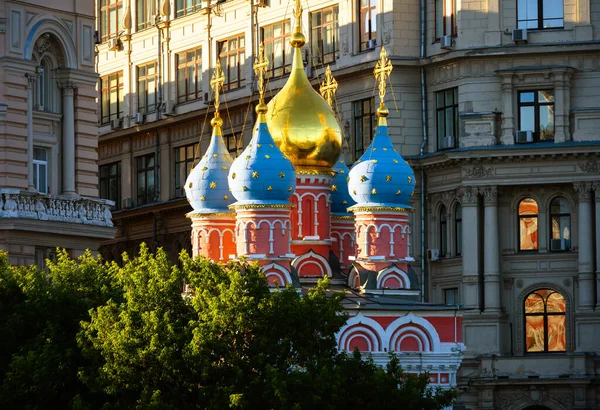 Church of St George in Moscow, Russia. Scenery of old Russian Orthodox temple and buildings. Beautiful church in Moscow city center in summer. Theme of monument, travel, culture and architecture.
