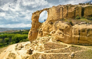 Mountain Ring in Kislovodsk, Stavropol Krai, Russia. Landscape of picturesque rock and sky in summer, scenery of window shape. Theme of nature, travel, hike and tourism in Caucasus Mineral Waters.