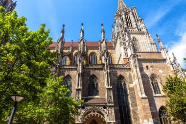 Ulm Cathedral in summer, Germany, Europe. It is top landmark of Ulm city. Scenery of ornate facade of old Gothic church, medieval building in Ulm town. Sightseeing and travel in Baden-Wurttemberg.