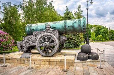 Tsar Cannon (King of Cannons) in Moscow Kremlin, Russia. It is historical landmark of Moscow. Large old bronze gun, Czar Pushka on Russian, in Moscow city center in summer. UNESCO World Heritage Site.