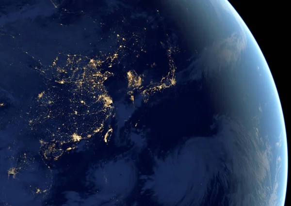 China, Taiwan, Korea and Japan on globe at night, East Asia map in satellite photo. View of city lights on Earth, Eurasia southeast, Pacific Ocean from space. Elements of this image furnished by NASA