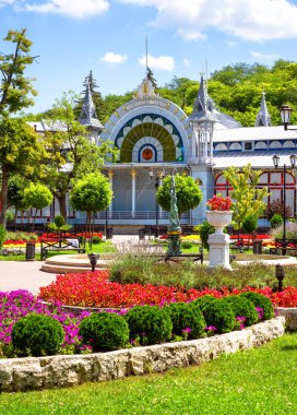 Park Flower Garden in Pyatigorsk, Russia. Beautiful landscape of Pyatigorsk city center in summer. This place is tourist attraction of Pyatigorsk in Stavropol Krai. Landscaping and travel theme.