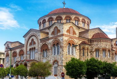 Church of Ieros Naos Agia Triada in Piraeus, Athens, Greece. It is tourist attraction of Piraeus. Monument of Greek Orthodox religion in Byzantine style. Concept of landmark and travel in Greece.