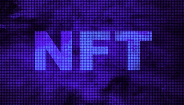NFT token on abstract digital background, logo in dark blue pattern, illustration. NFT is non-fungible cryptocurrency. Concept of blockchain, crypto art news, virtual cryptography, online tech and network.
