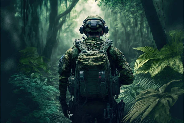Soldier in tropical forest, man with military equipment in jungle, illustration. Warrior holds weapon in forest, concept of uniform, warfare, war, us special troops, camouflage and tactical ops.