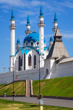 Kul Sharif mosque inside Kazan Kremlin, Tatarstan, Russia. It is landmark of Kazan. Vertical view of Islamic architecture, tourist attraction in old Kazan city in summer. Travel and tourism concept.