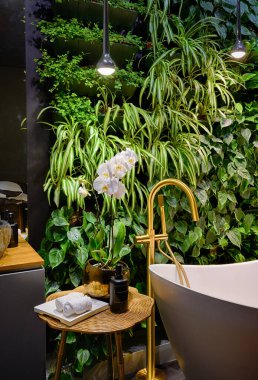 Luxury bathroom interior in spa with vertical garden, bath in modern beauty salon. Green plants wall, flowers and bathtub in hotel. Concept of nature, landscaping, water, wellness, room.