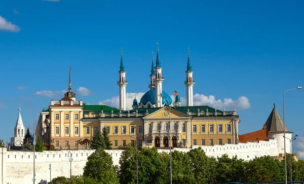 Cannon Yard building in Kazan Kremlin in summer, Tatarstan, Russia. Scenery of old white fortress and mosque on sky background, landmarks of Kazan. Theme of travel and sightseeing in Kazan city.
