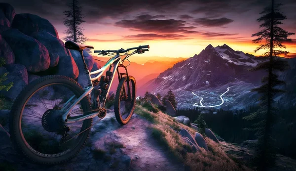 Mountain bike on trail at sunset, sports bicycle in mountain landscape, generative AI. Scenic view of track in forest and beautiful sky in summer. Concept of hiking, nature, ride, adventure.