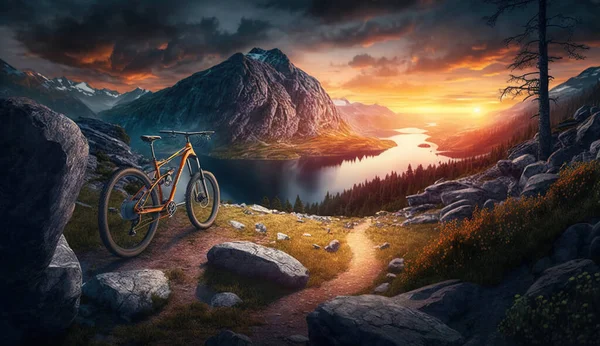 Bike on mountain trail at sunset, landscape with sports bicycle, generative AI. Scenic view of track in forest and beautiful sky in summer. Concept of hiking, nature, ride, adventure.