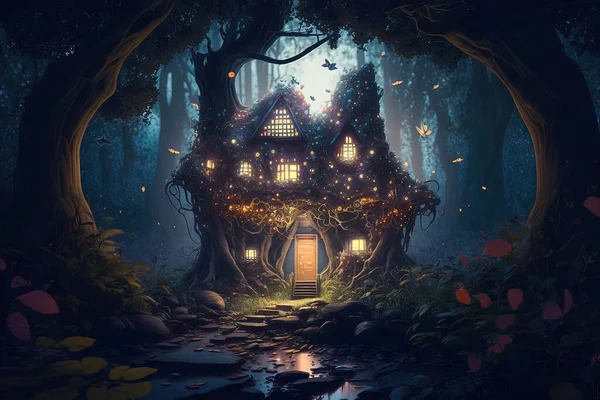 Fantasy house in magic forest at night, fairytale habitation in trees, generative AI. Scenery of fairy tale home, light and fireflies in dark woods. Theme of nature, Halloween and mystery World.