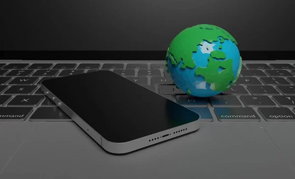 键盘业务概念三维渲染壁纸背景的低多边球智能手机 — 图库照片