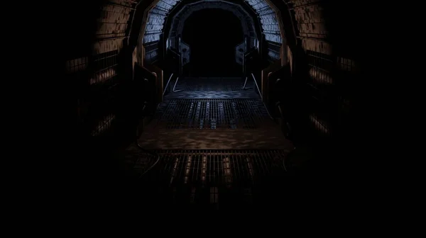 Terk Edilmiş Koridor Karanlık Bir Sahnede Rendeleniyor Sanayi Tipi Duvar — Stok fotoğraf