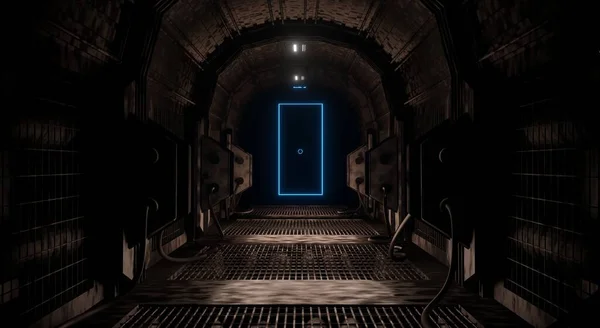 Εργαστήρια Sci Εσωτερικό Μπλε Φωτισμό Σκοτεινή Σκηνή Απόδοση Βιομηχανικό Φόντο — Φωτογραφία Αρχείου