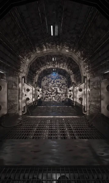 研究所暗いシーンの工業用Sfルーム3Dレンダリング壁紙の背景 — ストック写真