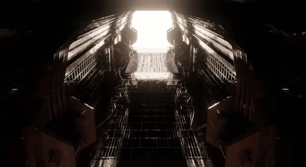 Υπόγειος Διάδρομος Σχάρα Σκοτεινή Σκηνή Απόδοση Βιομηχανικό Φόντο Ταπετσαρία — Φωτογραφία Αρχείου