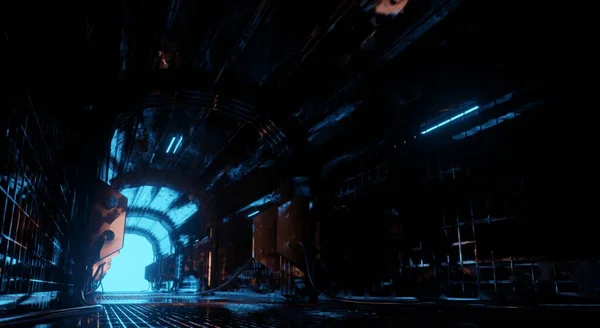 黑暗场景中蓝色灯光的地下走廊格栅金属三维渲染实验室科幻壁纸背景 — 图库照片#