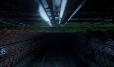 Close up metal ceiling top roof in control room in dark scene 3D rendering sci-fi architecture wallpaper backgrounds