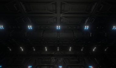 A science control room metal ceiling panel in dark scene 3D rendering underground wallpaper backgrounds