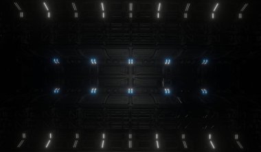 A science control room with top ceiling in dark scene 3D rendering architecture wallpaper backgrounds