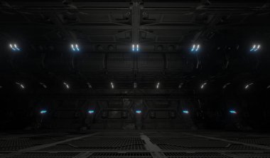 A science control room wall panel lighting in dark scene 3D rendering underground wallpaper backgrounds