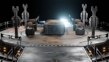 Kontrol odasında koridoru olan ana bilgisayar, teknoloji duvar kağıdı arka planlarını düzenliyor.