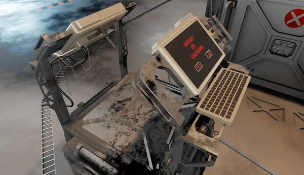 金属製の箱を閉じるコンピュータのモニターディスプレイ3Dレンダリング Sci Fi壁紙バックグラウンド — ストック写真