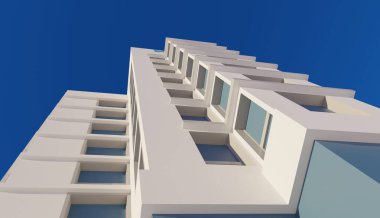 Açı görünümlü modern otel binası 3D mimari duvar kağıdı arkaplanı