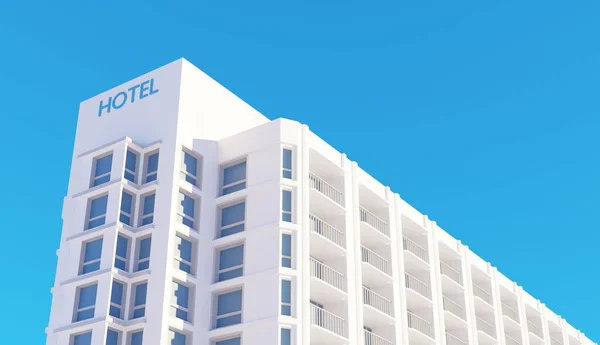 Widok Hotelu Nowoczesny Budynek Nad Błękitnym Niebem Renderowania Architektury Tła — Zdjęcie stockowe