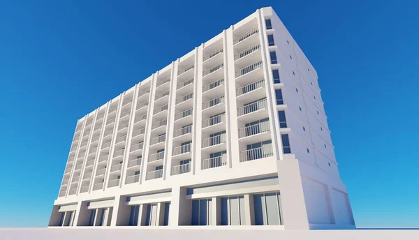 Modèle Hôtel Bâtiment Moderne Avec Ciel Bleu Scène Rendant Fonds — Photo