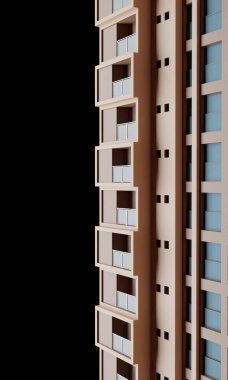 Camlar ve pencereler. Modern otel binası. Siyah bir sahne üzerinde.