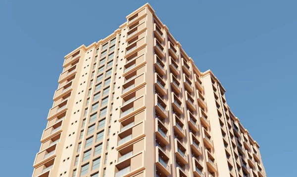 青い空のシーンの上にモダンなホテルの建物3Dレンダリングアーキテクチャ住宅壁紙の背景 — ストック写真