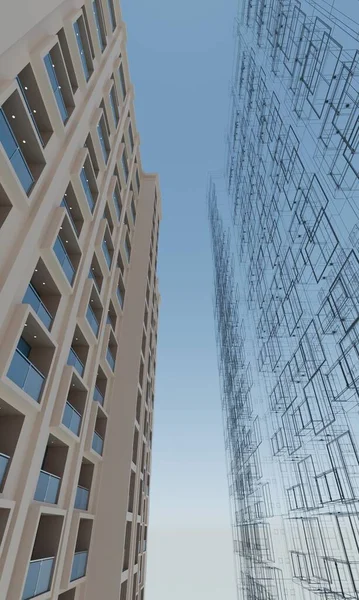 Perspectiva Hotel Moderno Edifício Com Wireframe Renderização Arquitetura Abstrata Papel — Fotografia de Stock