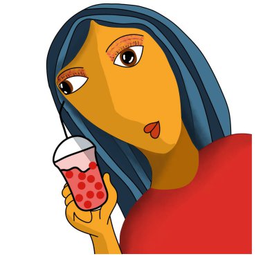 Sütlü çay tutan genç bir kadın beyaz arka planda çizim yapıyor.