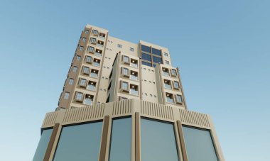 Modern otelin önü 3D mavi gökyüzü mimarisi duvar kağıdı arkaplanı