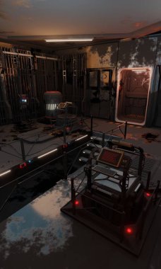 Bilim kurgu terk edilmiş araştırma odası ve karanlık sahne 3D duvar kağıdı arka planı