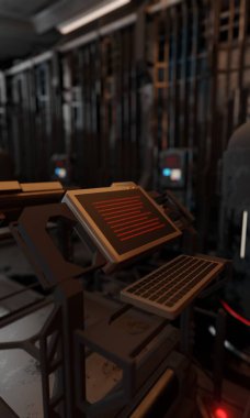 Araştırma fabrikasındaki bilgisayar kontrol odası 3D duvar kağıdı oluşturma arkaplanı