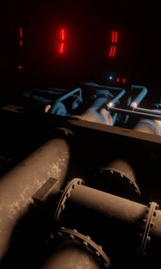 3D koridorun altındaki çelik boru hatları bilim kurgu duvar kâğıdı arkaplanı oluşturur