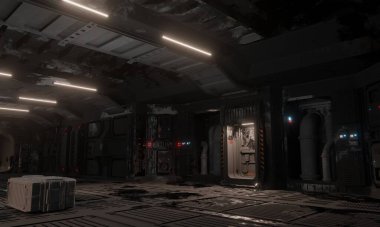 Bilim kurgu simülasyon taban kapısı karanlık sahne 3D duvar kağıdı arkaplanı