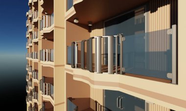 Balkon manzarası dışında modern otel 3D mimari duvar kağıdı arkaplanı