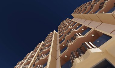Mavi gökyüzü üzerinde balkon modern otel manzarası 3D mimari duvar kağıdı arkaplanı
