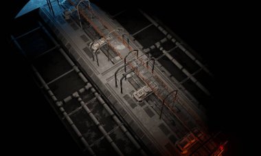 Gece sahne 3 boyutlu duvar kağıdı arkaplanındaki işlemin yükseklik açısı görünümü bilim kurgu tabanı