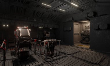 Merkezi kontrol odası merkezi ve veri hesaplaması bilim kurgu 3D duvar kağıdı arka planı