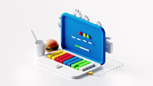 Interface Colorido Laptop Com Mover Girar Objetos Bonitos Fundo Branco — Vídeo de Stock